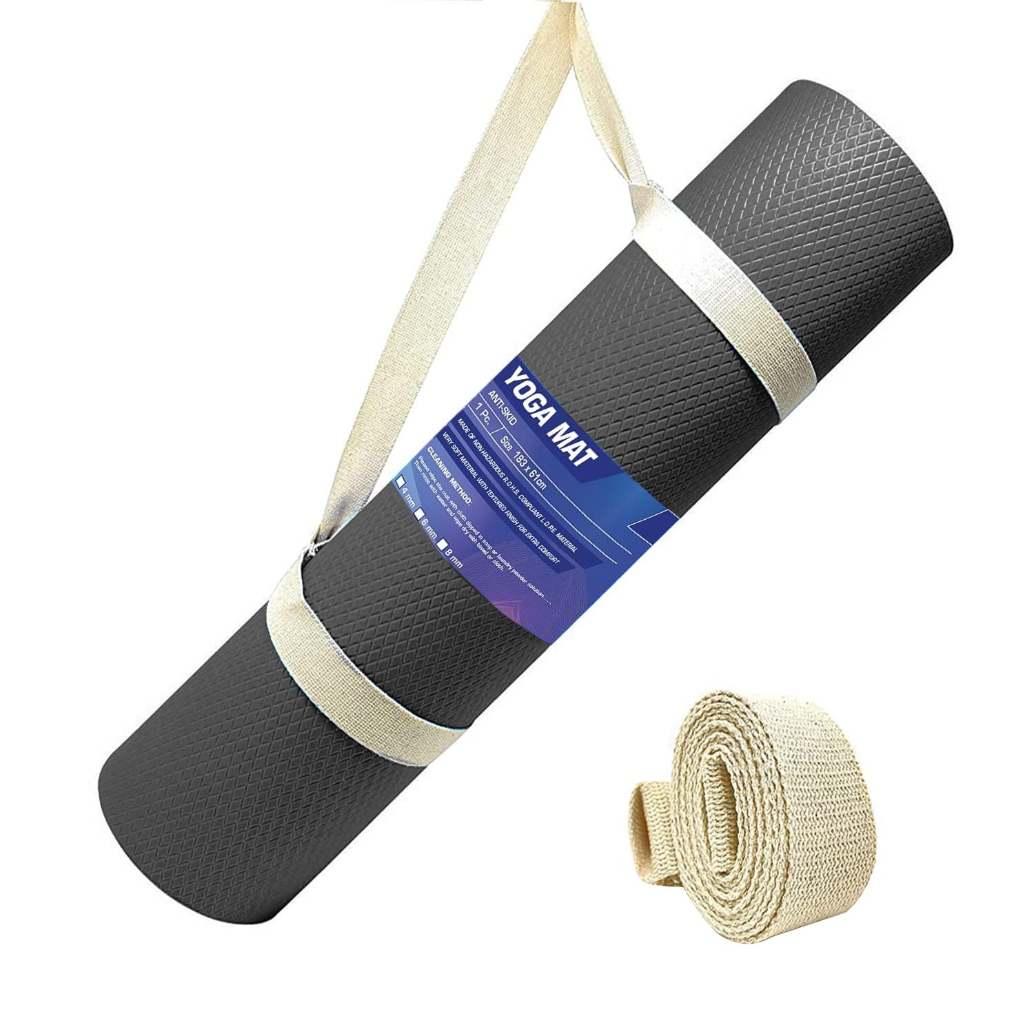 EVA Yoga Mat with Carry Strap | Non-Slip, Eco-Friendly & Durable | Lightweight Workout Mat for Yoga, Pilates, Fitness | Ideal for Home & Gym, Men & Women | 4mm (Black)