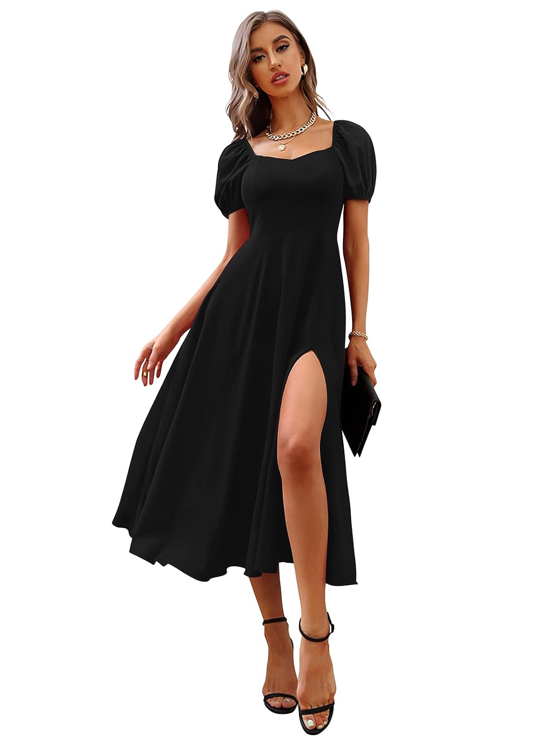 Women's A-line Sweetheart Neck with Leg Spilt Cut and Puff Sleeve Dress - image 1 of 1