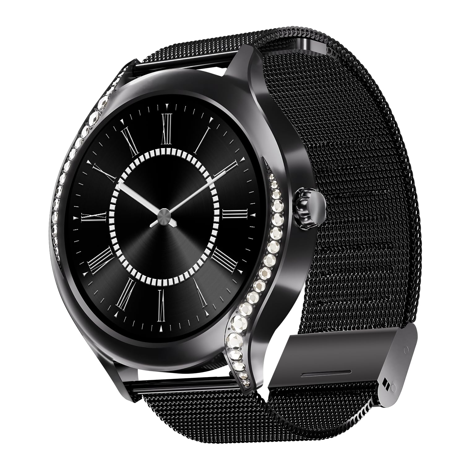 Enigma Gem Women's Luxury Smart Watch w/ 1.19” (3.02cm) AMOLED Display, Emergency SOS Live Location Sharing, Female Wellness, Watch Face Studio, BT Calling, Watch for Woman (Metallic Black)