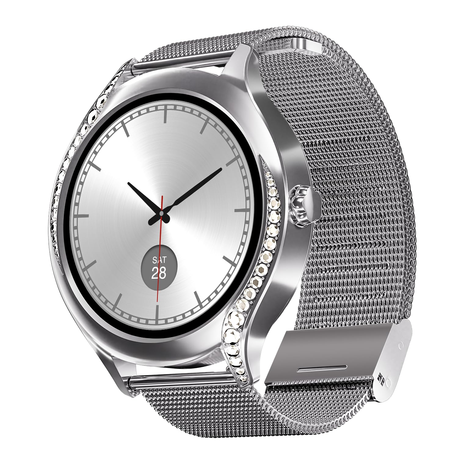Enigma Gem Women's Luxury Smart Watch w/ 1.19” (3.02cm) AMOLED Display, Emergency SOS Live Location Sharing, Female Wellness, Watch Face Studio, BT Calling, Watch for Woman (Metallic Silver)