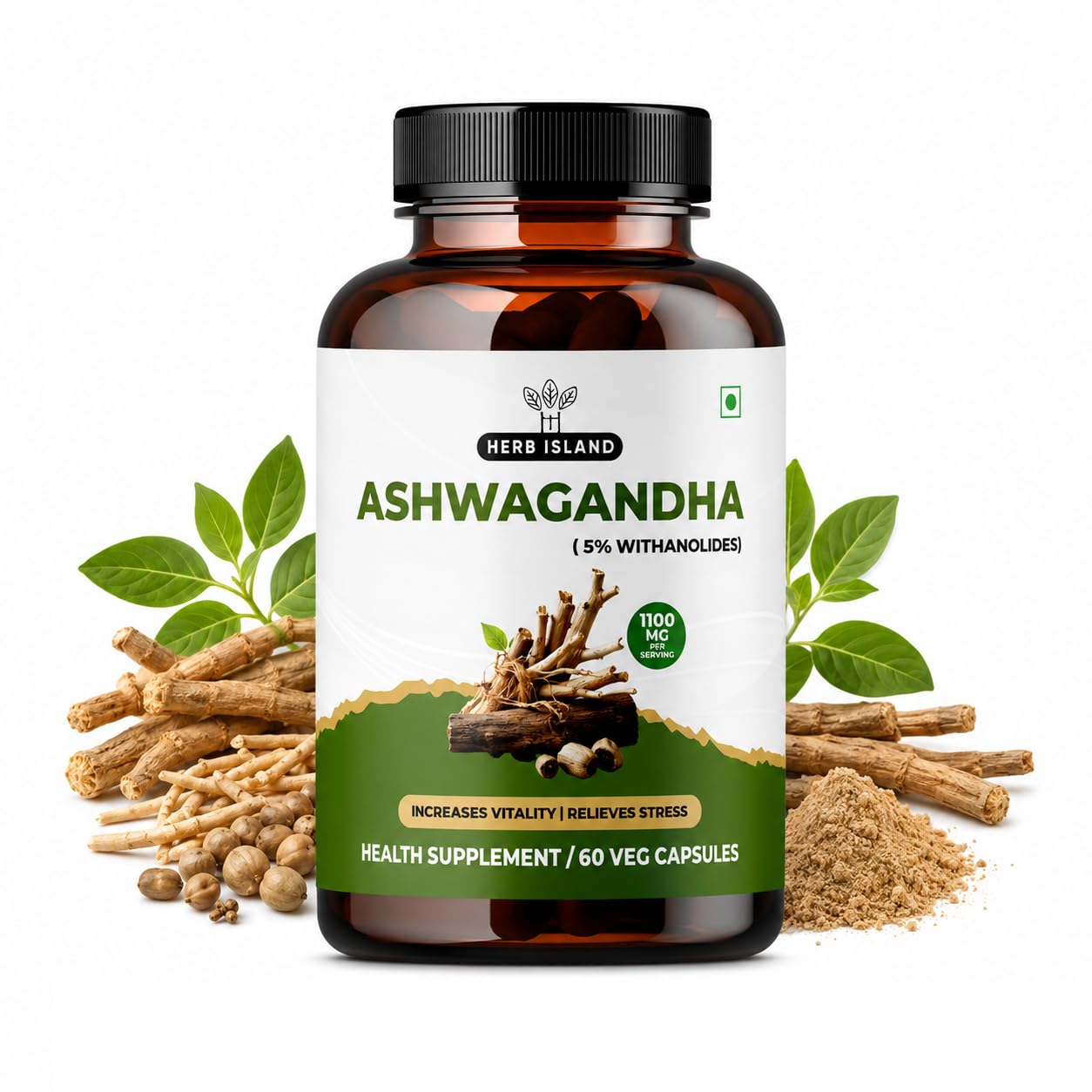 Ashwagandha Capsules for Daily Stress Support & Vitality, 5% Withanolides, 1100 mg Per Serving, Root Powder & Extract, 60 Vegetarian Capsules