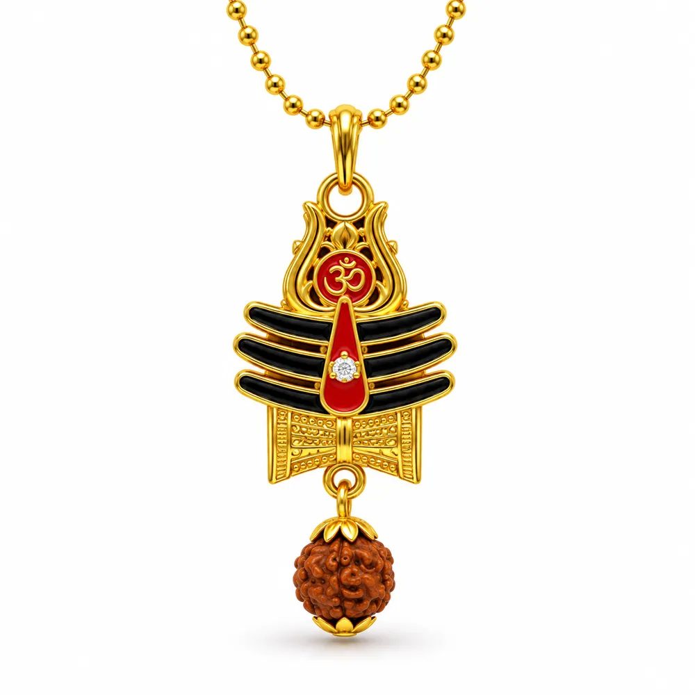 Gold Plated Mahakal Shivling Tripund Locket with Ball Chain & Rudraksha Bead