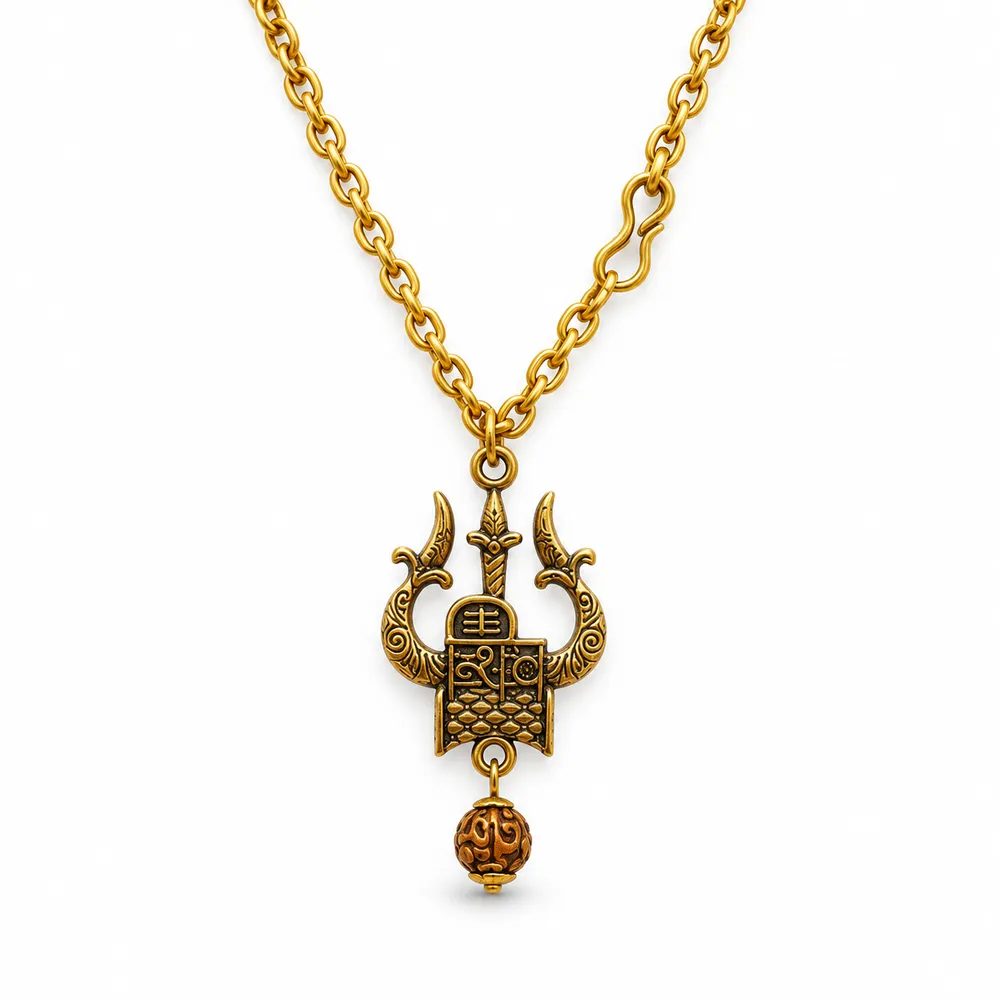 Gold Plated Mahakal Trishul Damru Pendant Locket with Link Chain for Men & Women