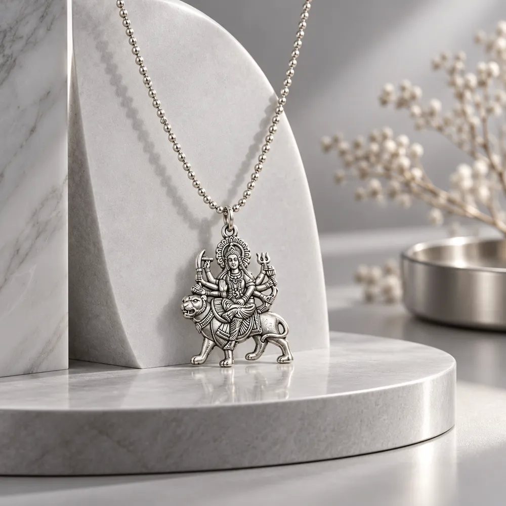 German Silver Maa Durga Chain Pendant with Ball Chain for Women & Men thumbnail 4