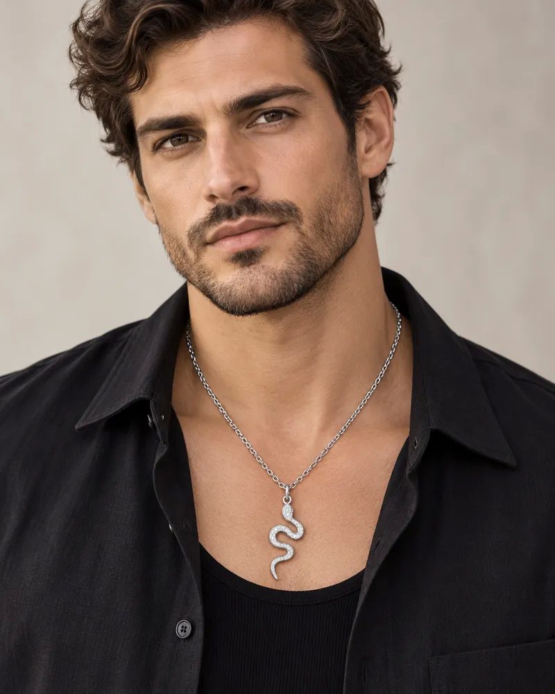 Silver Plated Textured Snake Pendant Chain Necklace for Men & Women thumbnail 5