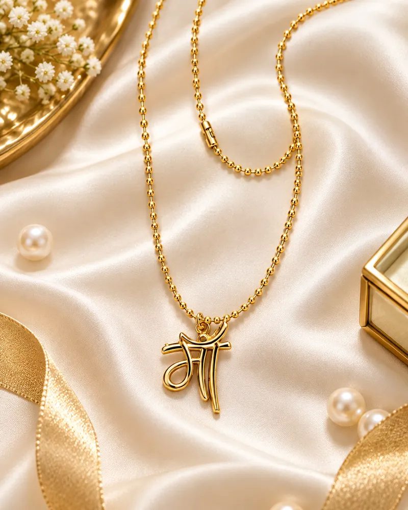 Gold Plated Hindi Typography Maa Pendant Chain Necklace with Gift Box Packing for Women thumbnail 3