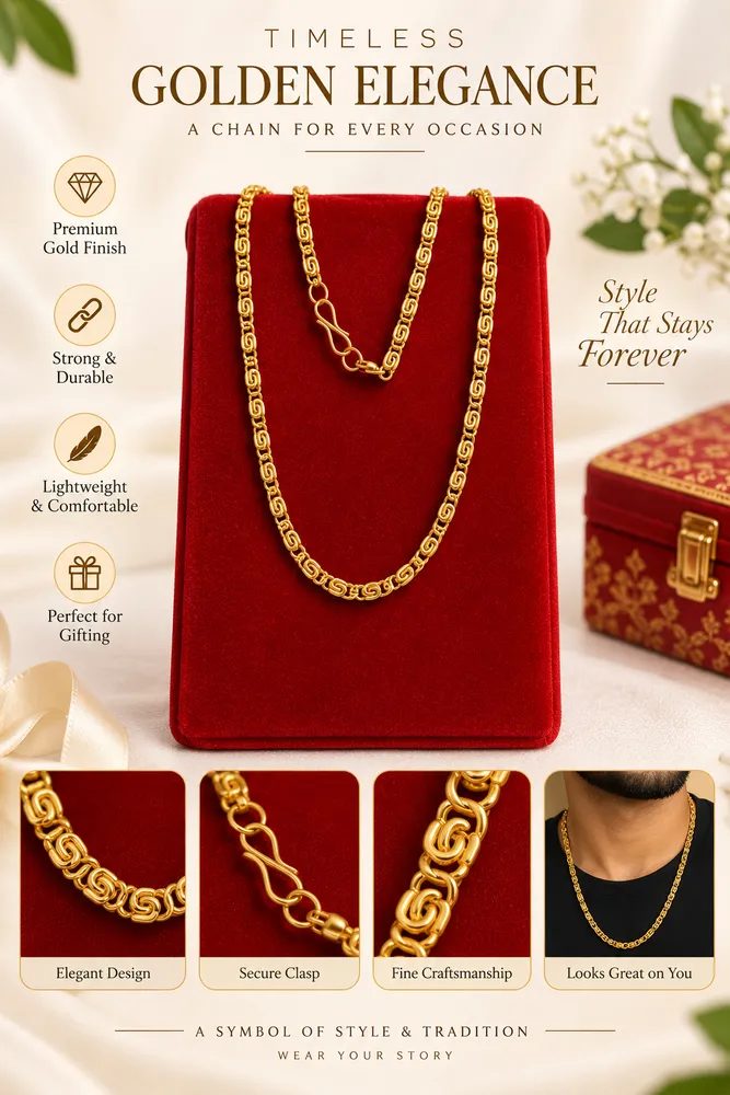 Gold Plated Ornate Interlocking Link Neck Chain for Men & Women with Gift Box Packing thumbnail 3