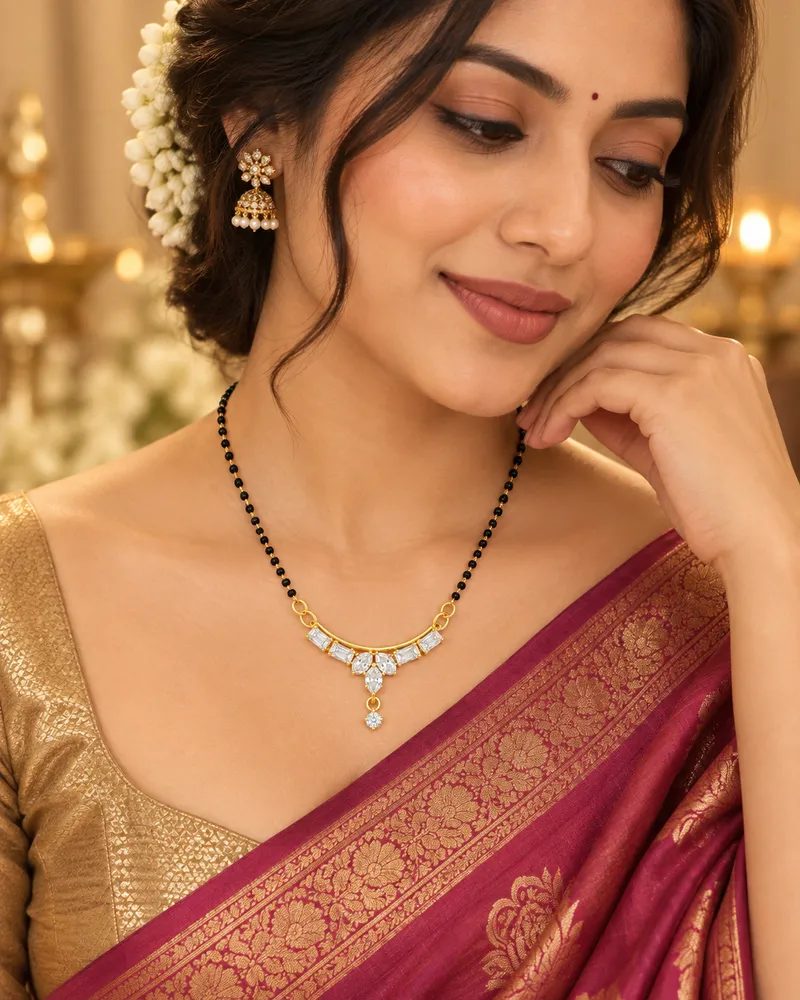 Gold Plated Elegant White American Diamond Mangalsutra with Gift Box Packing for Women thumbnail 3