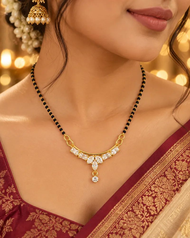 Gold Plated Elegant White American Diamond Mangalsutra with Gift Box Packing for Women thumbnail 5