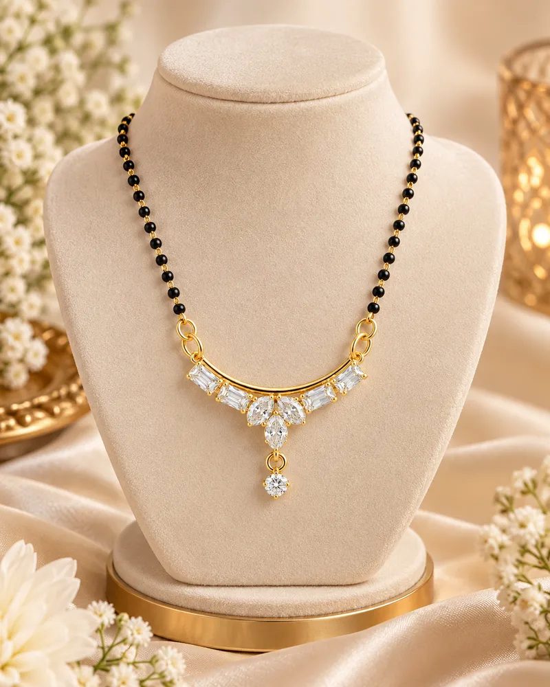 Gold Plated Elegant White American Diamond Mangalsutra with Gift Box Packing for Women thumbnail 4