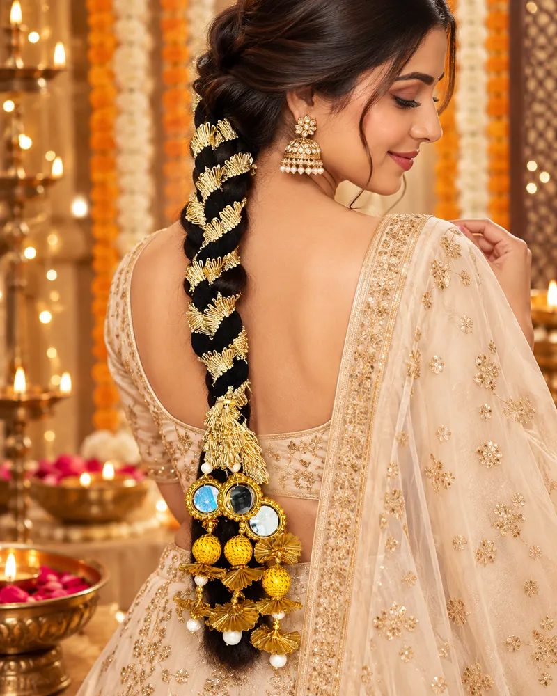 Traditional Punjabi Hair Parandi with Mirror and Gota Patti Latkan Braid Extension for Women