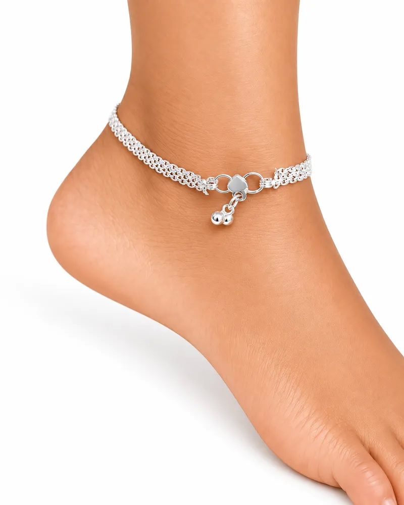 Silver Plated Triple Strand Link Anklet Payal Set with Heart Motif and Ghungroo
