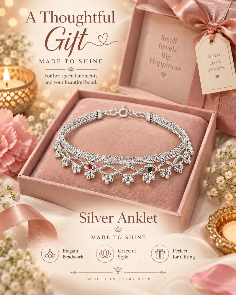 Silver Plated Traditional Ghungroo Anklet Payal Set with Enamel Meenakari Work thumbnail 5