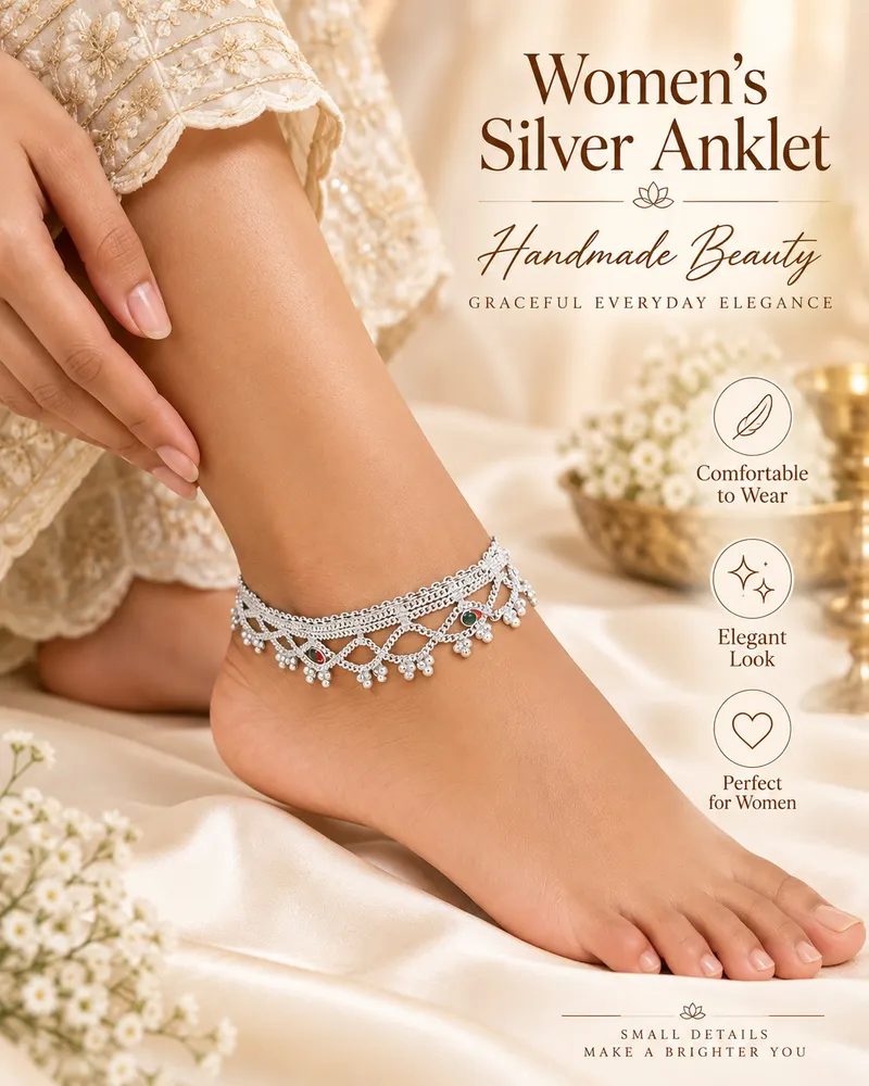 Silver Plated Traditional Ghungroo Anklet Payal Set with Enamel Meenakari Work thumbnail 4