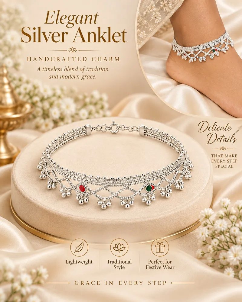 Silver Plated Traditional Ghungroo Anklet Payal Set with Enamel Meenakari Work thumbnail 3