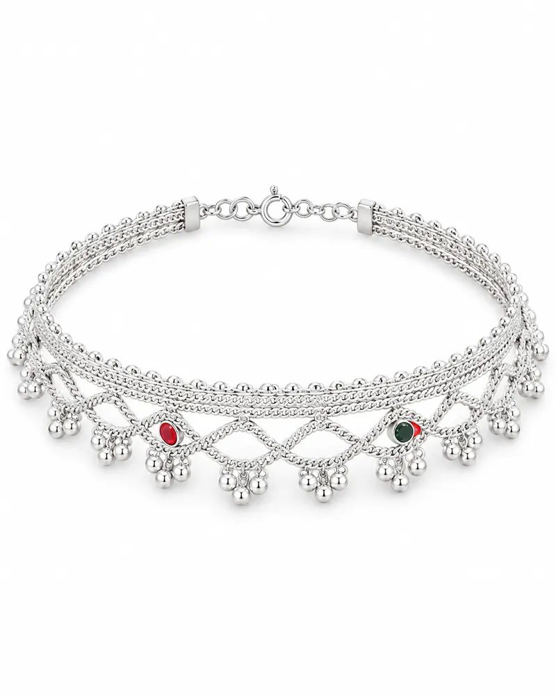 Silver Plated Traditional Ghungroo Anklet Payal Set with Enamel Meenakari Work
