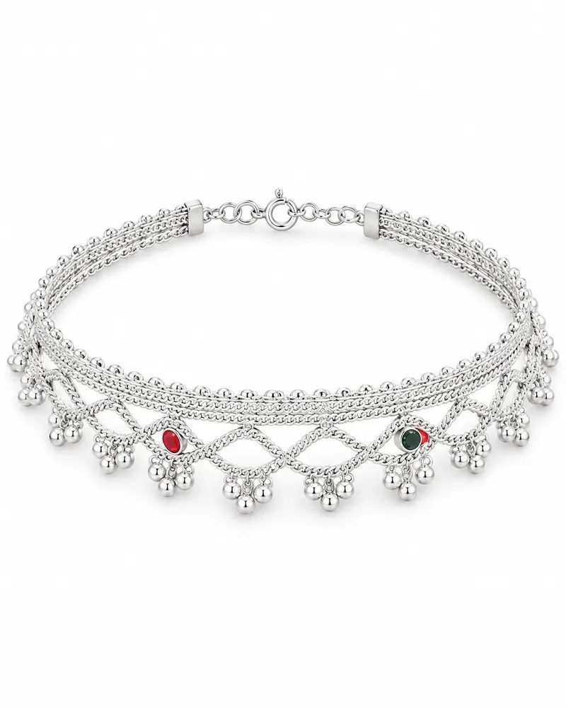 Silver Plated Traditional Ghungroo Anklet Payal Set with Enamel Meenakari Work - image 1 of 5