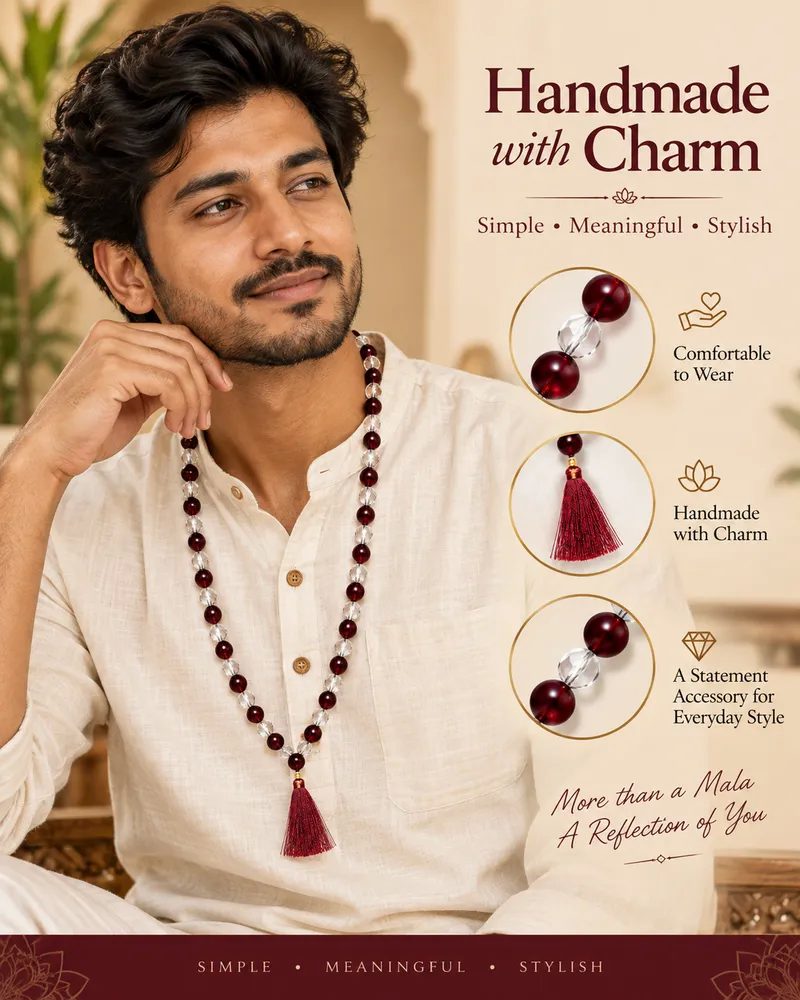 Maroon and Clear Crystal Beaded Japa Mala Necklace with Tassel & Gift Box Packing for Men and Women thumbnail 4