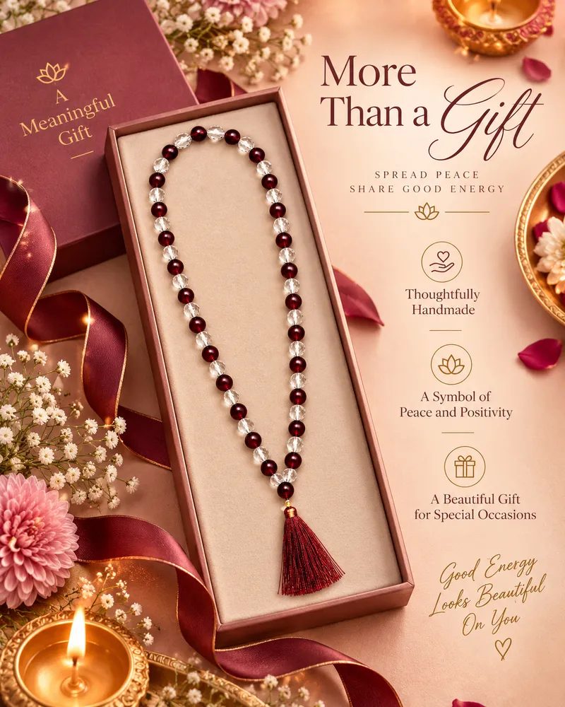 Maroon and Clear Crystal Beaded Japa Mala Necklace with Tassel & Gift Box Packing for Men and Women thumbnail 2
