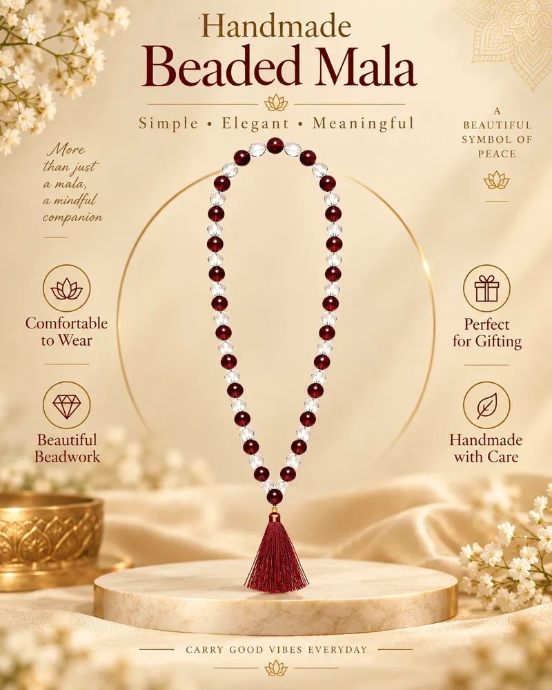 Maroon and Clear Crystal Beaded Japa Mala Necklace with Tassel & Gift Box Packing for Men and Women thumbnail 3