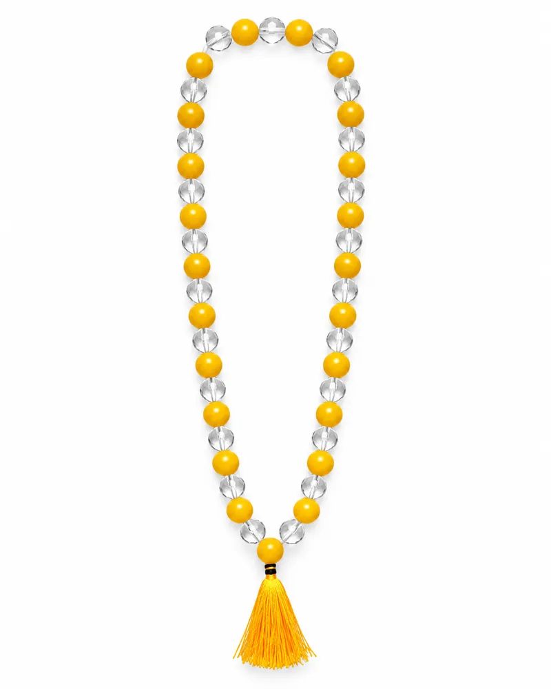 Yellow and Clear Crystal Beaded Japa Mala Necklace with Tassel & Gift Box Packing for Men and Women