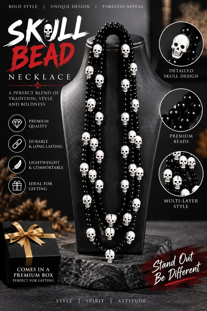 Premium Nar Mund Mala with Black Agate Hakik Beads & White Skull Charms for Shiva and Kali Puja, Sadhana & Meditation