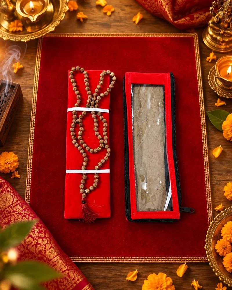 Traditional Puja Essentials Combo Set with Red Velvet Puja Aasan, 108 Beads Rudraksha Japa Mala & Holy Book Zipper Pouch