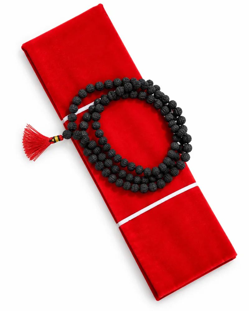 Premium 108 Beads Black Japa Mala Necklace with Sacred Red Tassel for Meditation – Men & Women