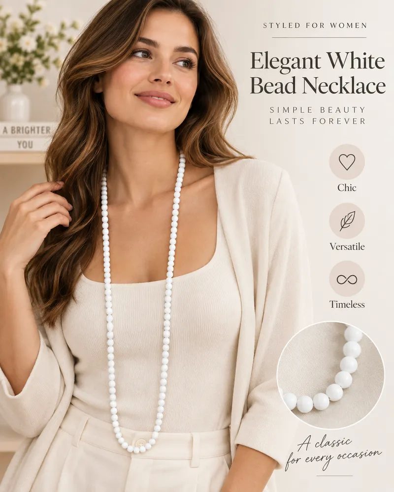 White Round Beaded Long Mala Necklace for Men and Women with Gift Box Packing