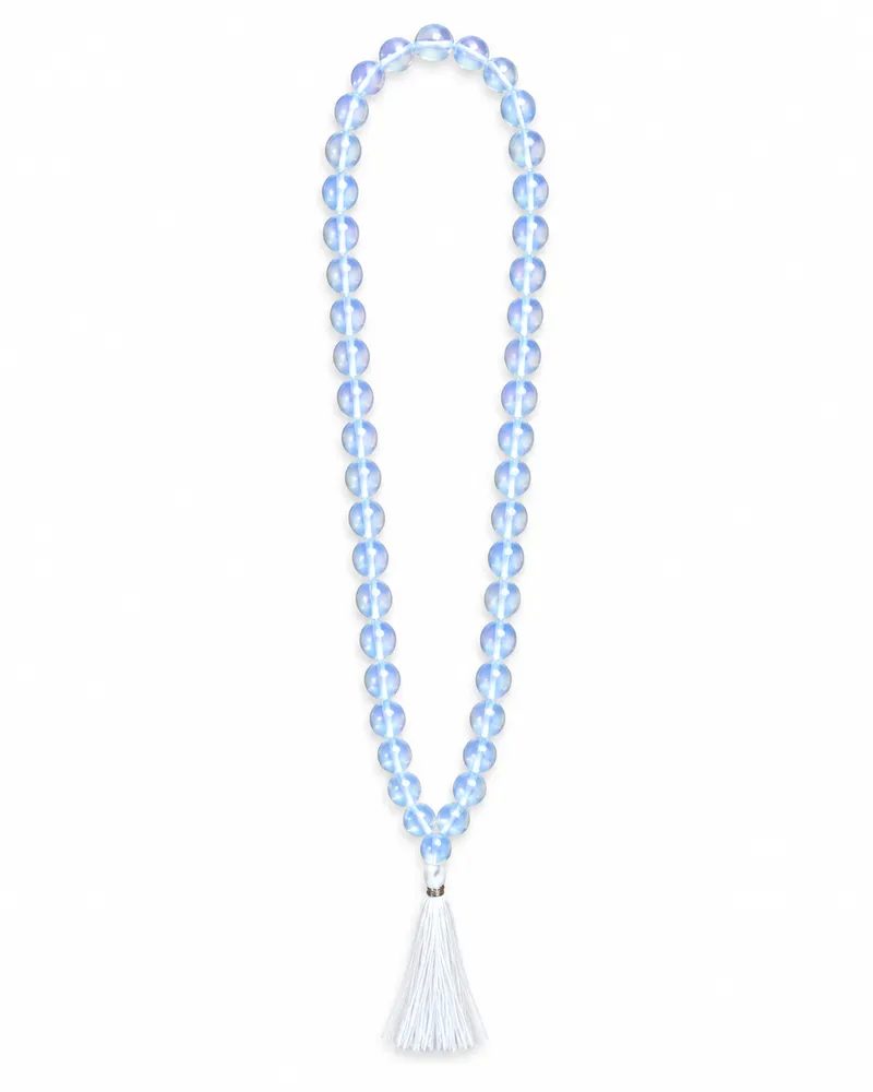 Opalescent White Round Beaded Long Mala Necklace with Gift Box Packing