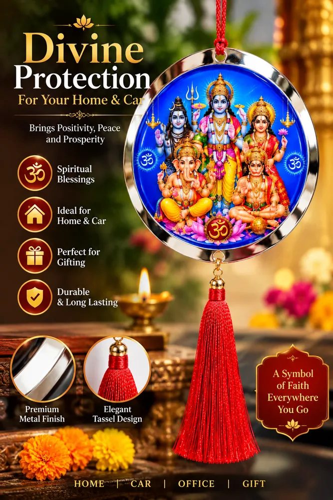 Premium 3D Lenticular Multiple Bhagwan Car Hanging Ornament with Red Tassel – Double-Sided Shubh Labh Pendant for Car, Home & Office thumbnail 2