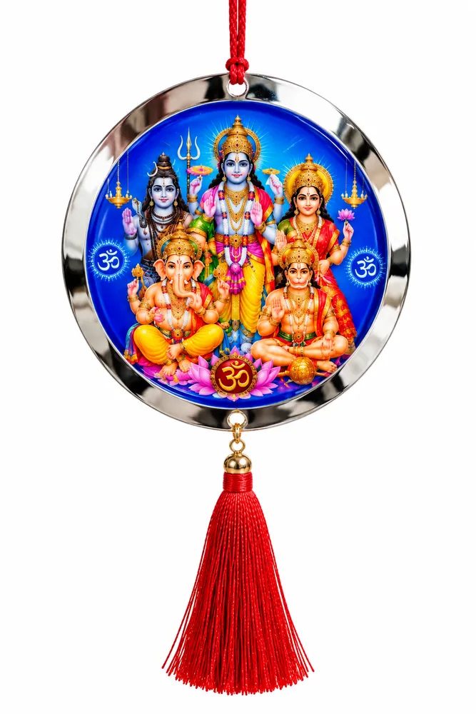 Premium 3D Lenticular Multiple Bhagwan Car Hanging Ornament with Red Tassel – Double-Sided Shubh Labh Pendant for Car, Home & Office
