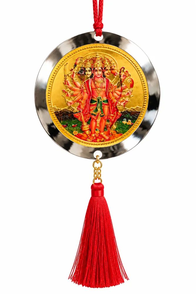Premium Panchmukhi Hanuman Car Hanging Ornament – Double-Sided Gold-Tone Pendant with Red Tassel for Car, Home & Office