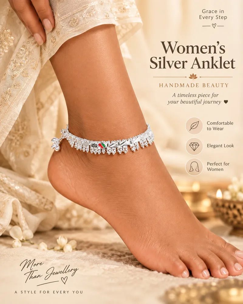 Silver Plated Textured Bar Link Traditional Payal Anklet Set with Meenakari thumbnail 2