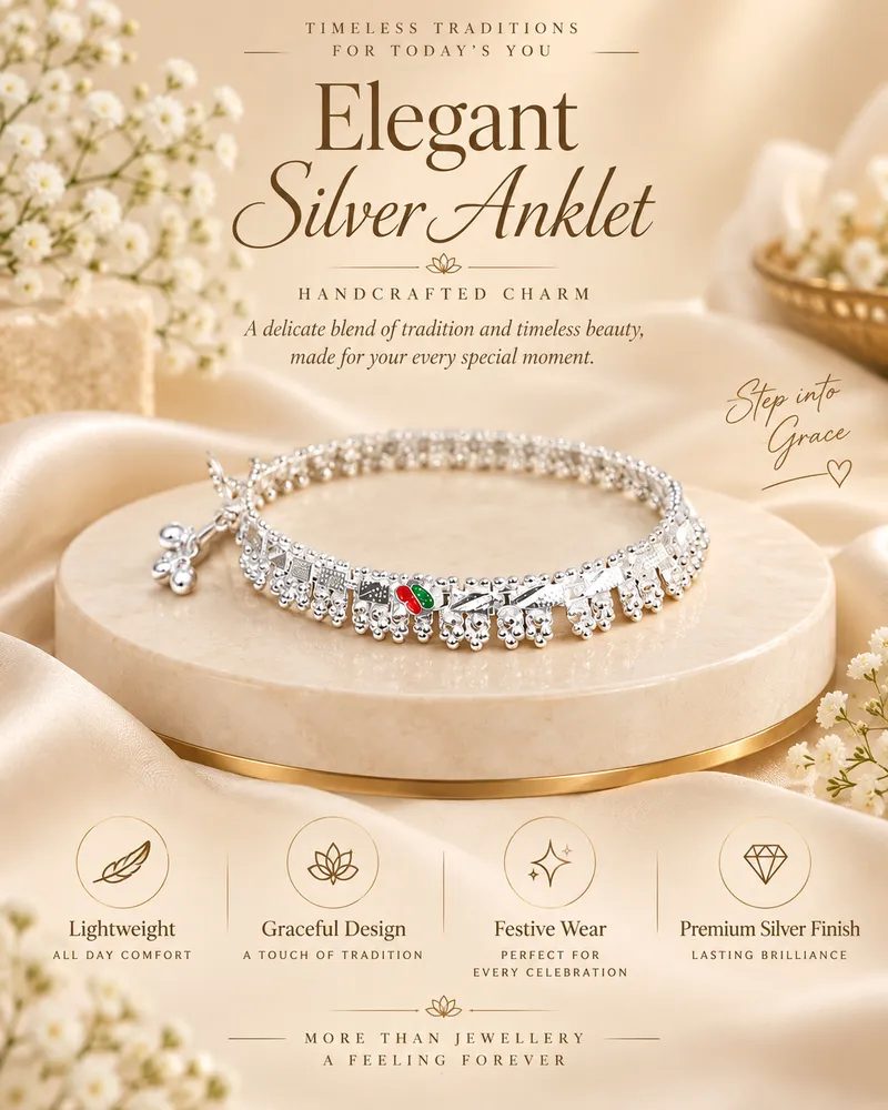 Silver Plated Textured Bar Link Traditional Payal Anklet Set with Meenakari thumbnail 3
