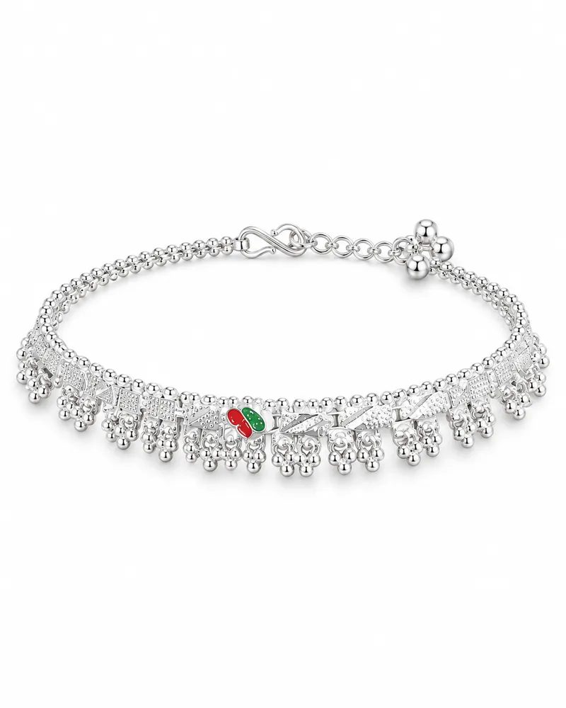 Silver Plated Textured Bar Link Traditional Payal Anklet Set with Meenakari