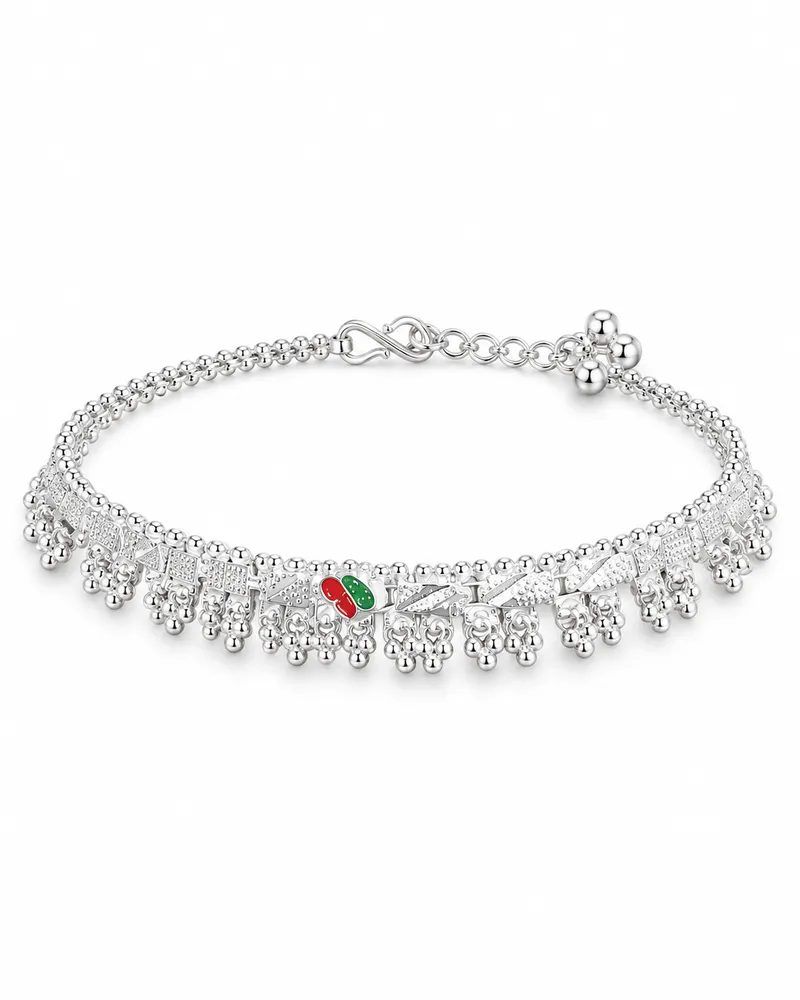 Silver Plated Textured Bar Link Traditional Payal Anklet Set with Meenakari - image 1 of 5