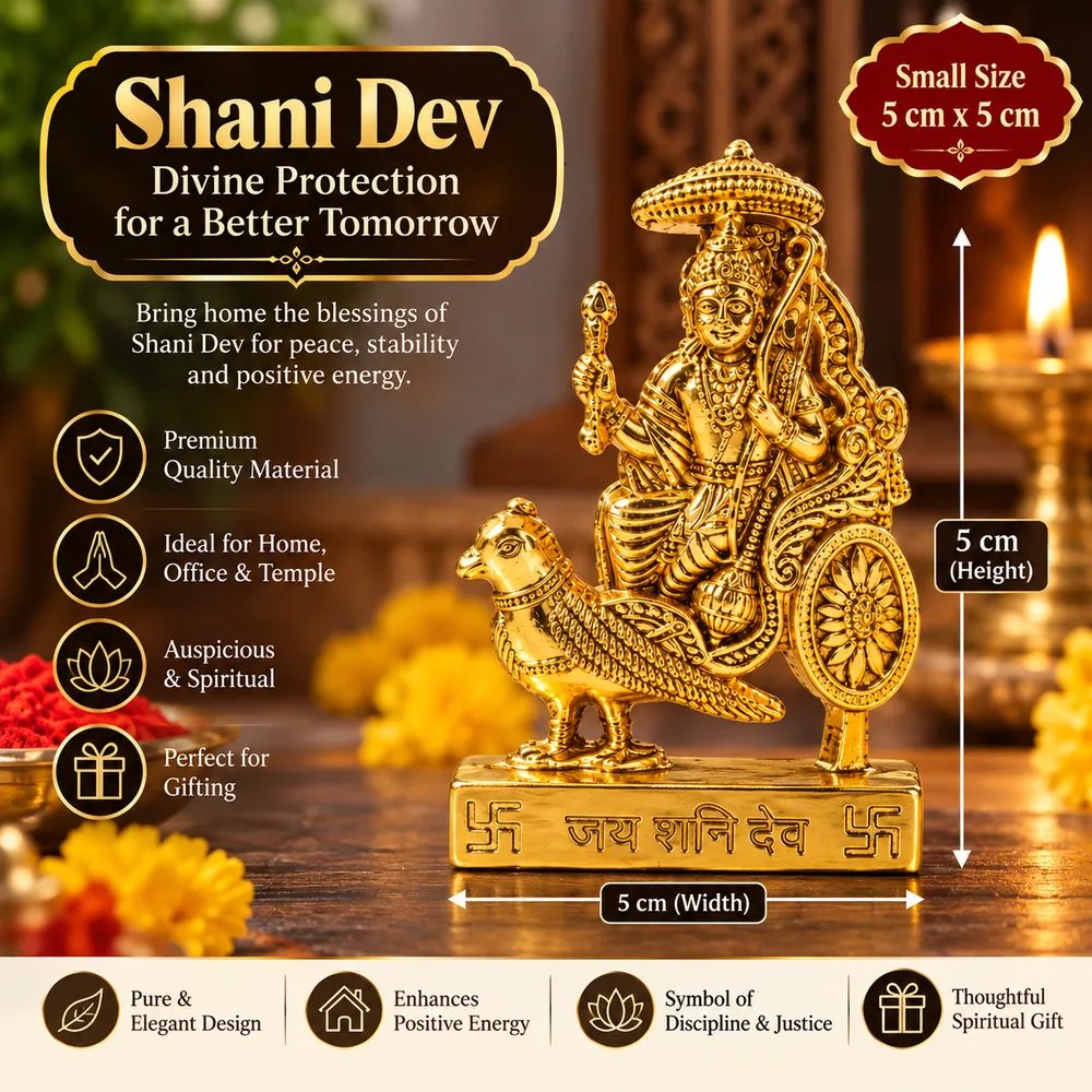Gold-Tone Metal Lord Shani Dev Chariot Idol with Stand – 5cm Small Size for Home Temple, Office Desk & Car Dashboard thumbnail 5