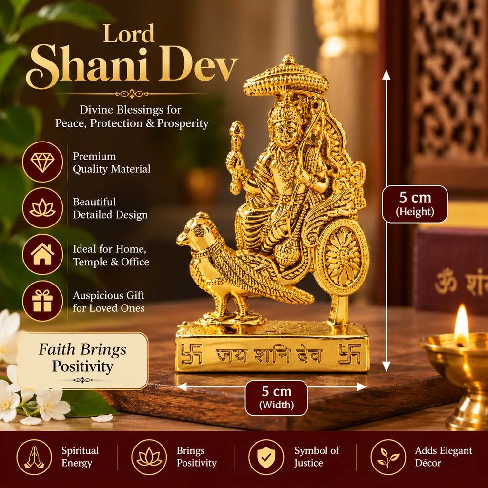 Gold-Tone Metal Lord Shani Dev Chariot Idol with Stand – 5cm Small Size for Home Temple, Office Desk & Car Dashboard thumbnail 7