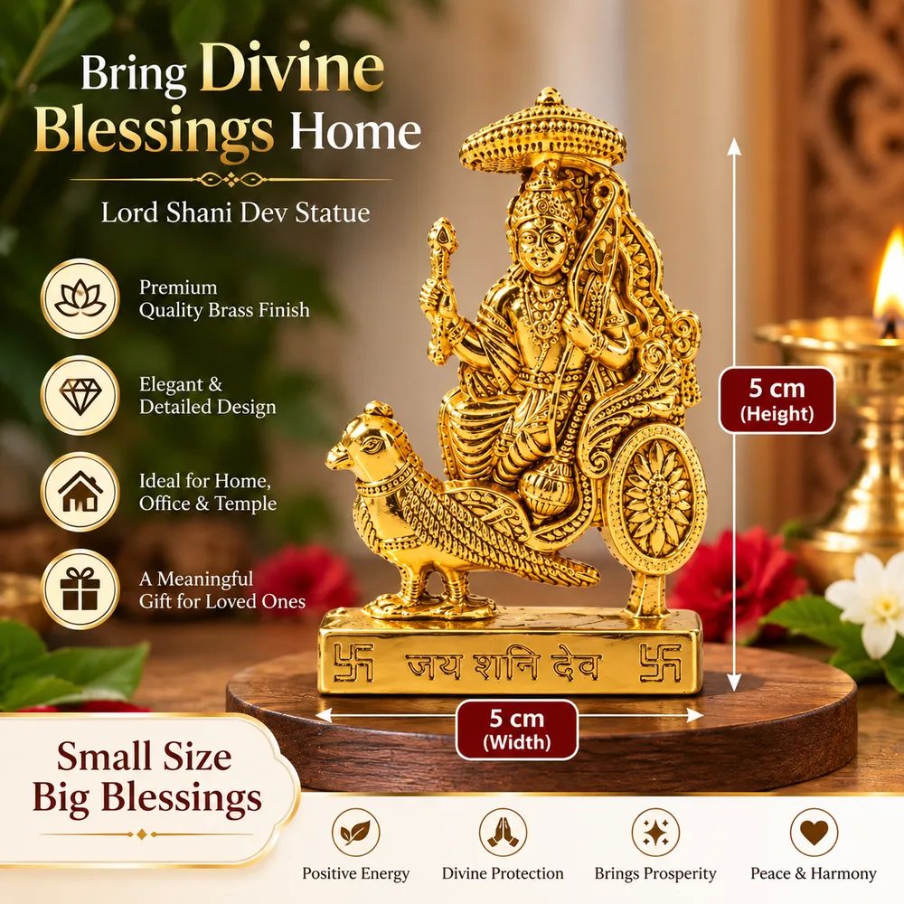 Gold-Tone Metal Lord Shani Dev Chariot Idol with Stand – 5cm Small Size for Home Temple, Office Desk & Car Dashboard thumbnail 3