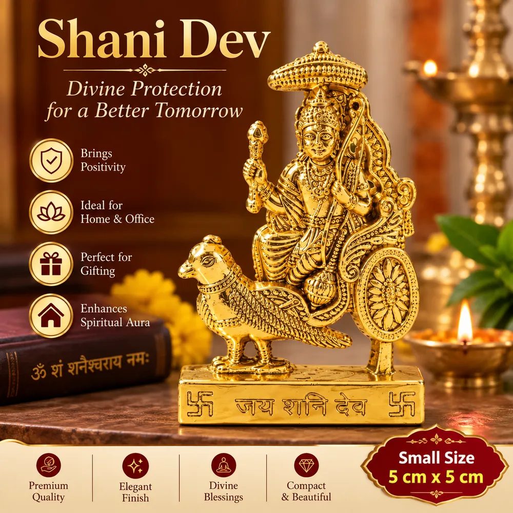 Gold-Tone Metal Lord Shani Dev Chariot Idol with Stand – 5cm Small Size for Home Temple, Office Desk & Car Dashboard thumbnail 2