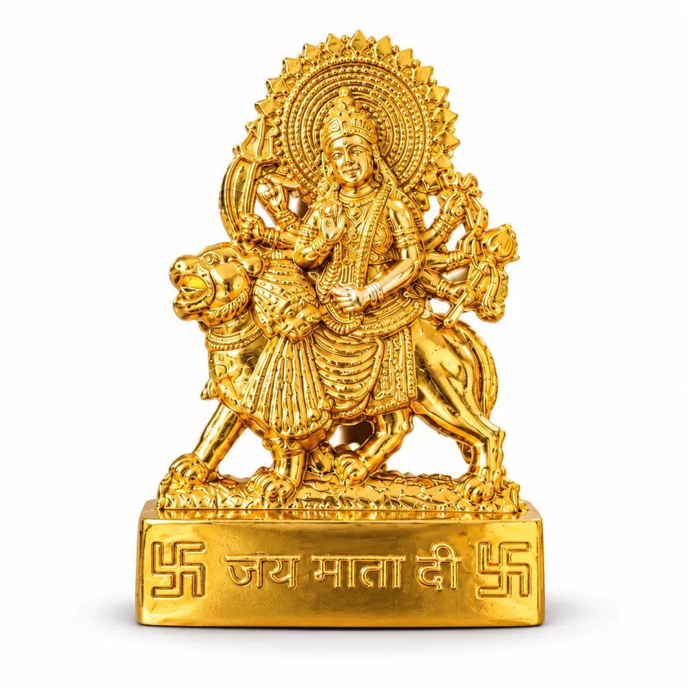 Gold-Tone Metal Maa Durga Sherawali Idol with Stand – 5cm Small Size for Home Temple, Office Desk & Car Dashboard