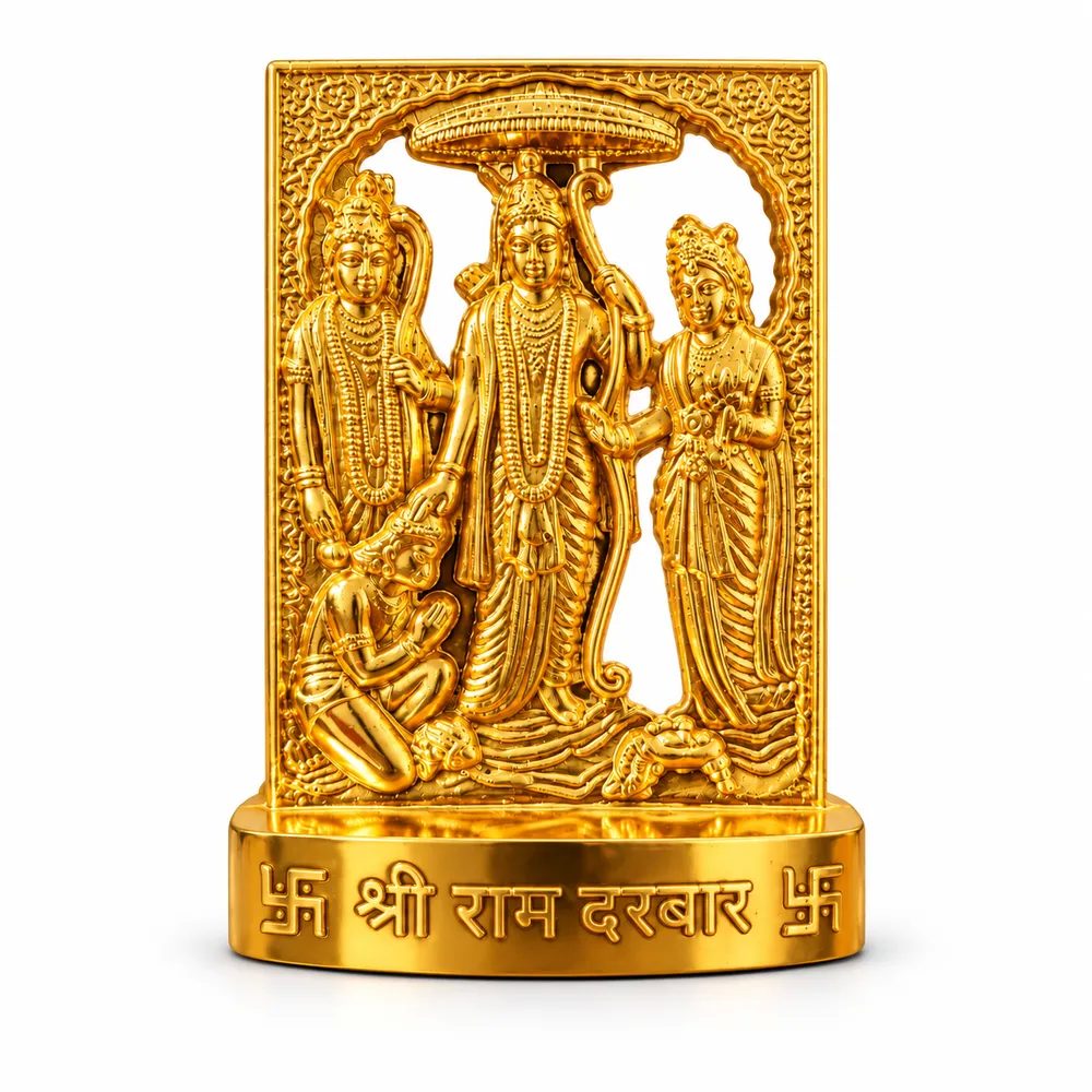 Gold-Tone Metal Shri Ram Darbar Idol with Stand – 5cm Small Size for Home Temple, Office Desk & Car Dashboard