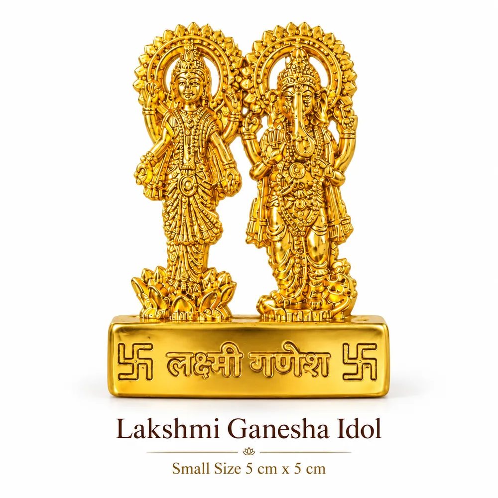 Gold-Tone Metal Lakshmi Ganesha Idol with Stand – 5cm Small Size for Home Temple, Office Desk & Car Dashboard