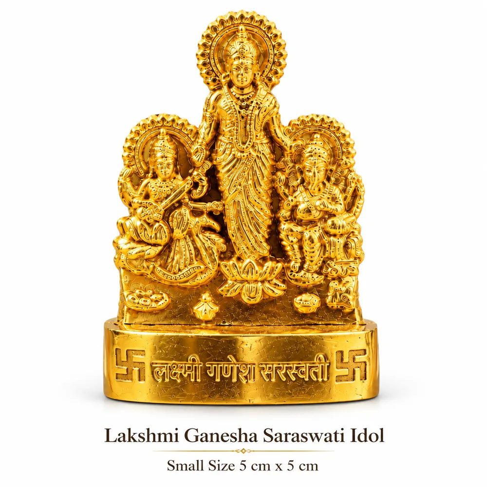 Gold-Tone Metal Lakshmi Ganesha Saraswati Idol with Stand – 5cm Small Size for Home Temple, Office Desk & Car Dashboard