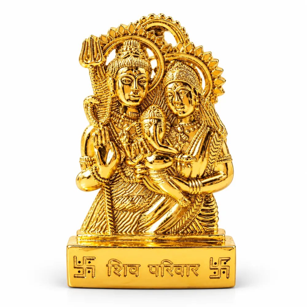 Gold-Tone Metal Shiv Parivar Idol with Stand – 5cm Small Size for Home Temple, Office Desk & Car Dashboard