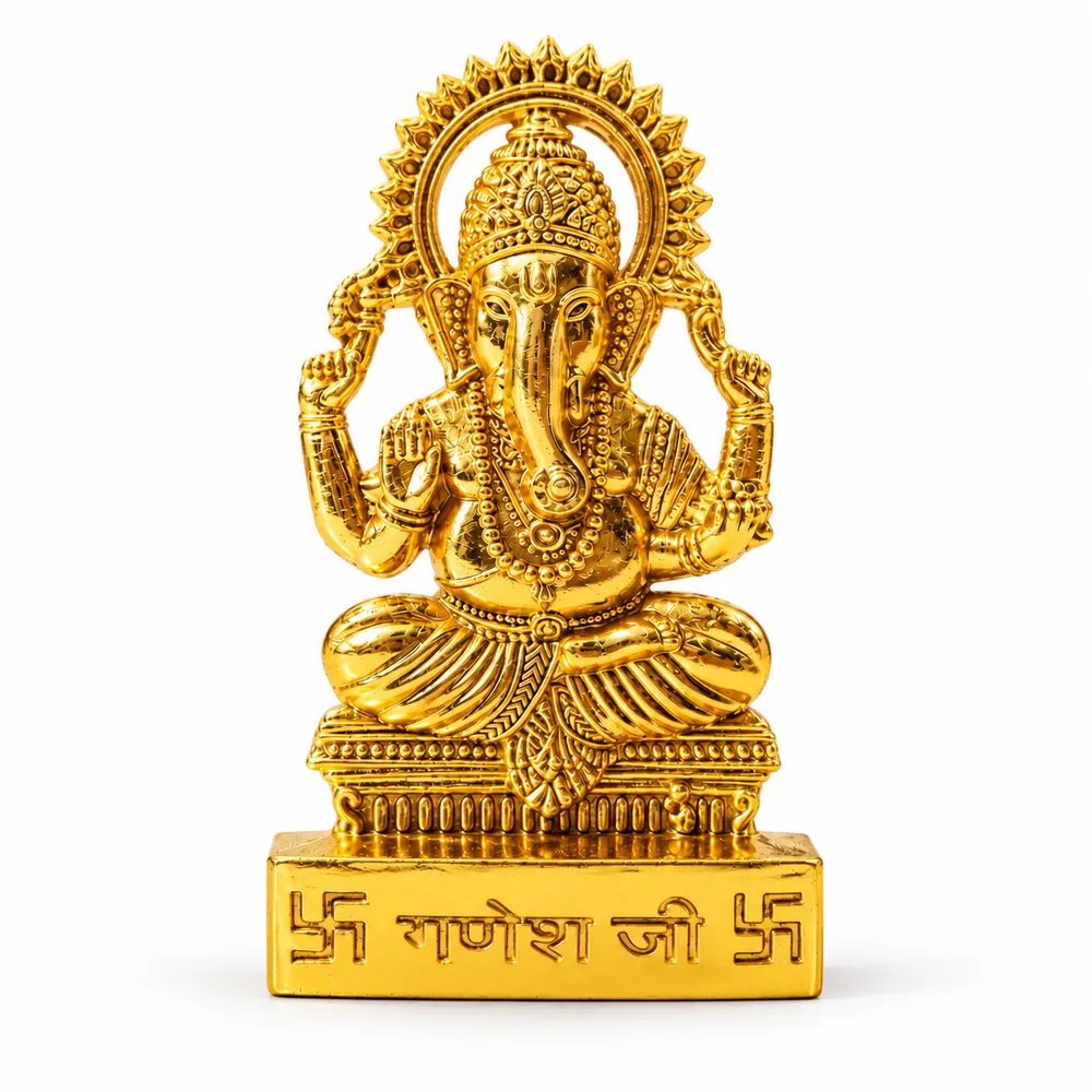 Gold-Tone Metal Lord Ganesha Idol with Stand – 5cm Small Size for Home Temple, Office Desk & Car Dashboard