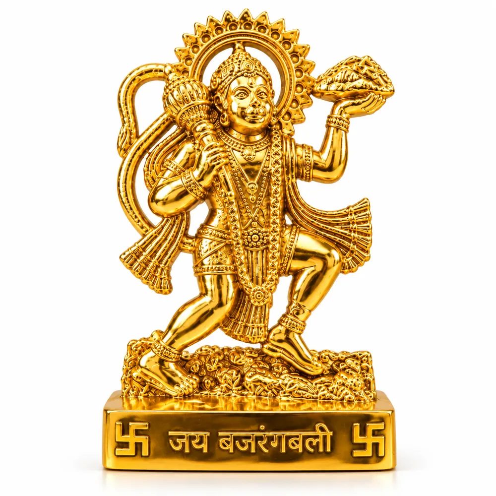 Gold-Tone Metal Lord Hanuman Bajrangbali Idol with Stand – 5cm Small Size for Home Temple, Office Desk & Car Dashboard