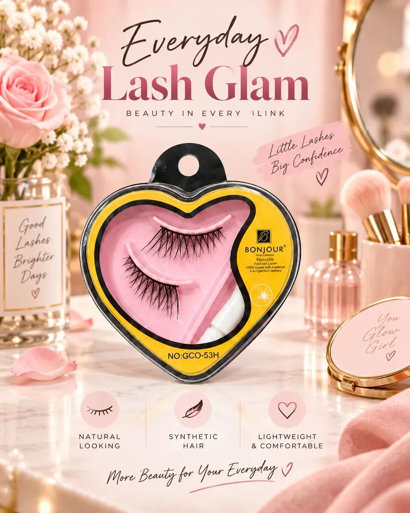 Professional False Eyelashes Set with Adhesive Glue – Synthetic Faux Mink Lashes, 1 Pair, Model GCO-53H thumbnail 5
