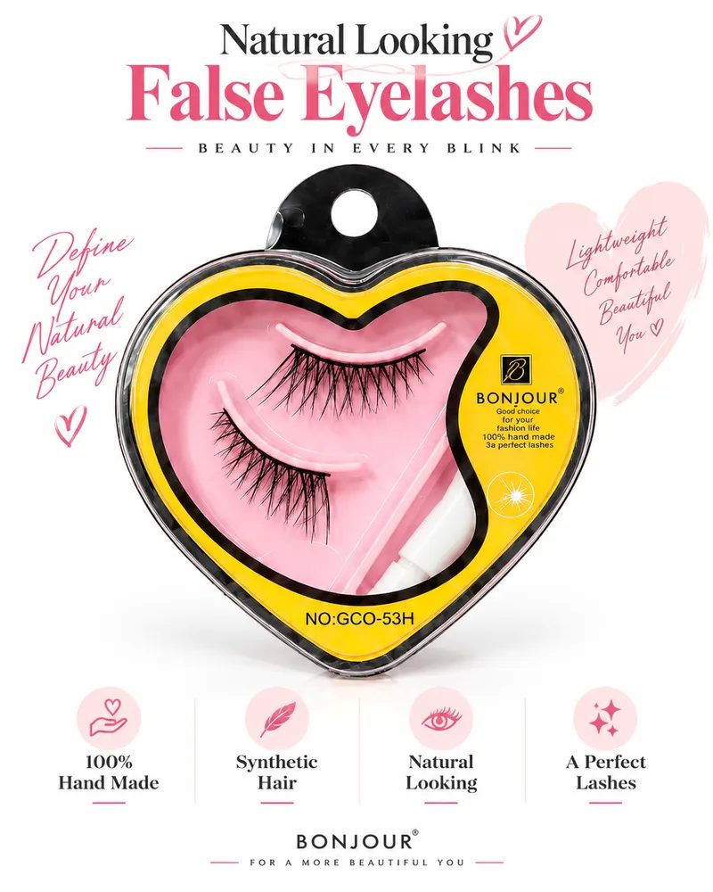 Professional False Eyelashes Set with Adhesive Glue – Synthetic Faux Mink Lashes, 1 Pair, Model GCO-53H thumbnail 4